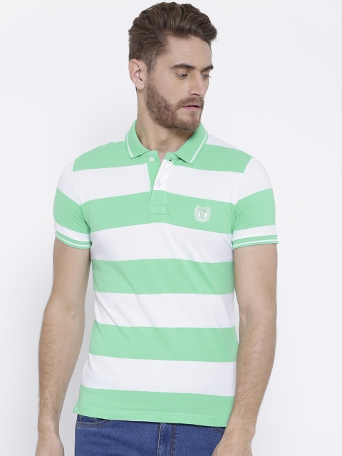 

Duke Men Sea Green Striped Polo Collar T-shirt