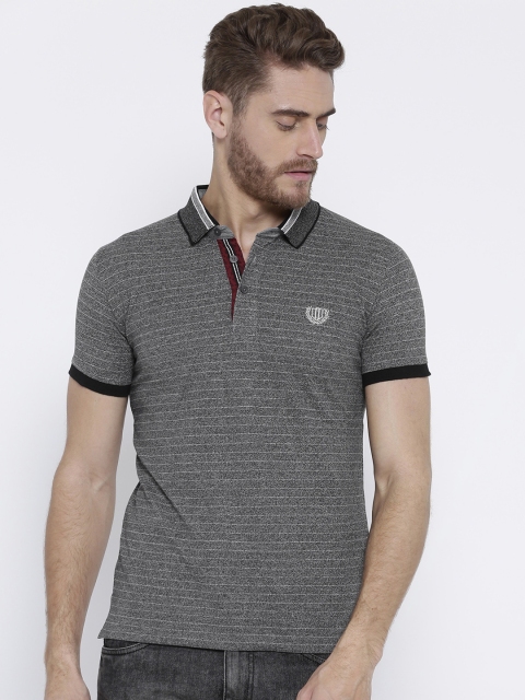 

Duke Men Grey Striped Polo Collar T-shirt