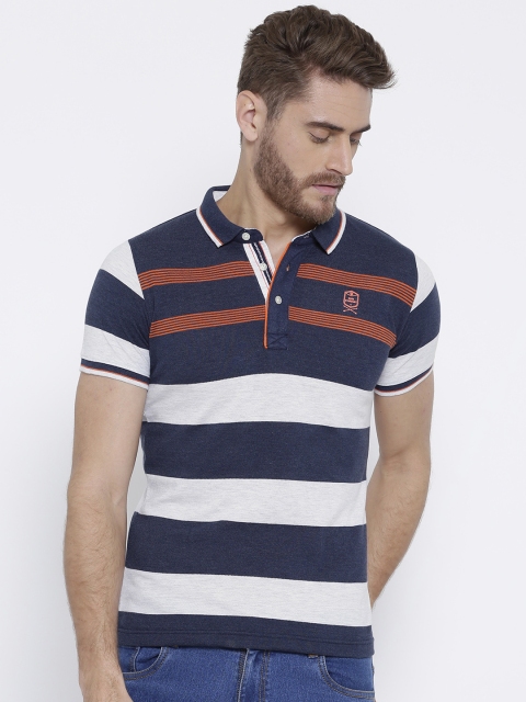 

Duke Men Navy Blue Striped Polo Collar T-shirt