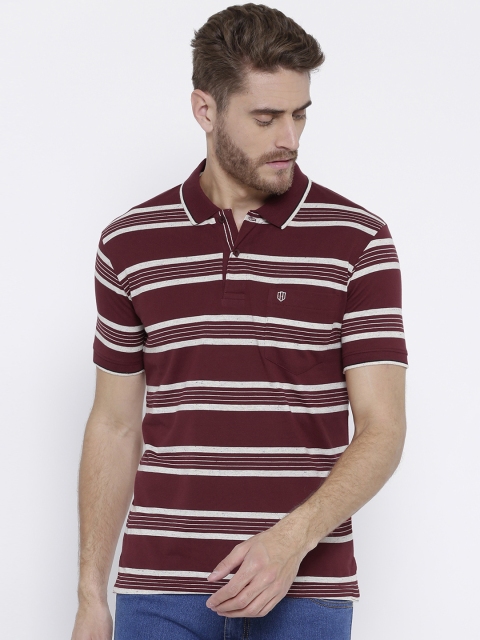 

Duke Men Maroon Striped Polo Collar T-shirt