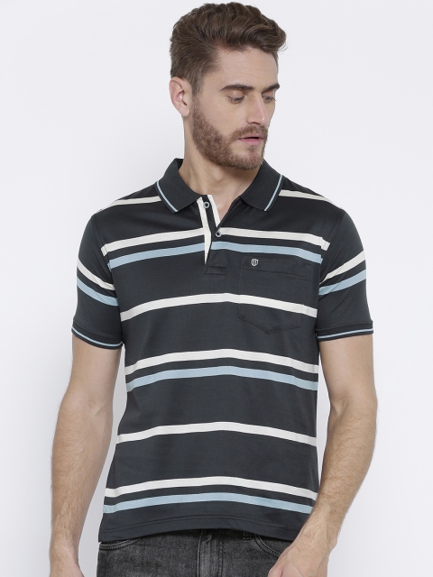 

Duke Men Grey Striped Polo Collar T-shirt