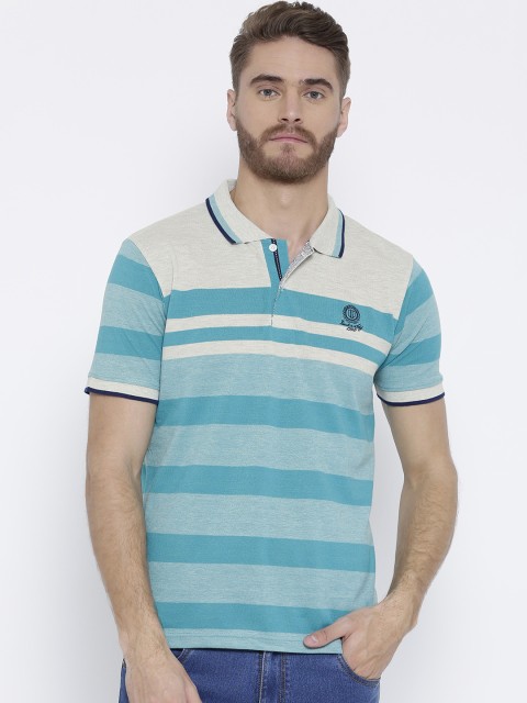 

Duke Men Turquoise Blue Striped Polo Collar T-shirt