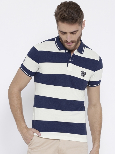 

Duke Men Navy Blue Striped Polo Collar T-shirt