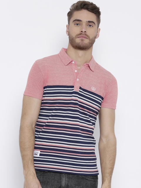

Duke Men Pink Striped Polo Collar T-shirt