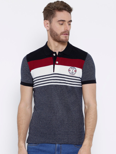 

Duke Men Navy Blue Colourblocked Mandarin Collar T-shirt