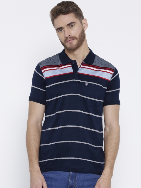 

Duke Men Navy Blue Striped Polo Collar T-shirt