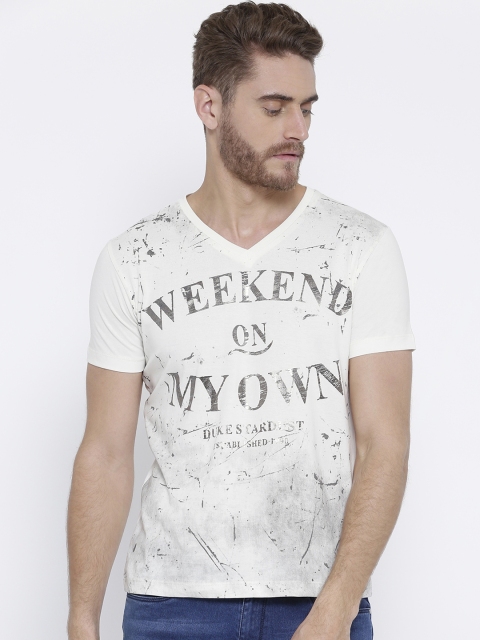 

Duke Men Off-White Printed V-Neck T-shirt