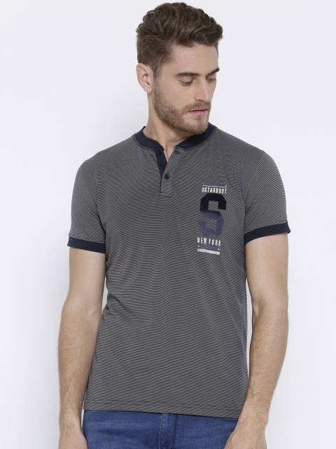 

Duke Men Grey Striped Mandarin Collar T-shirt