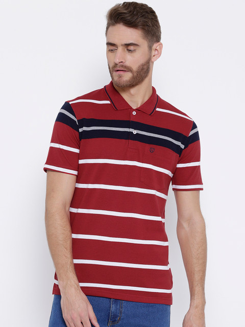 

Duke Men Red & Navy Striped Polo Collar T-shirt