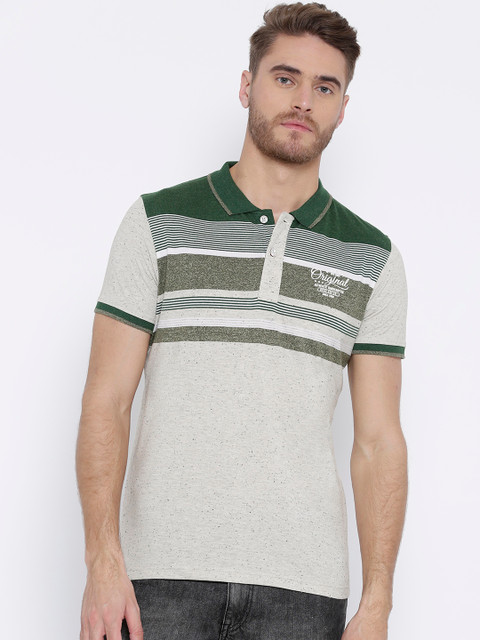 

Duke Men Grey & Green Striped Polo Collar T-shirt