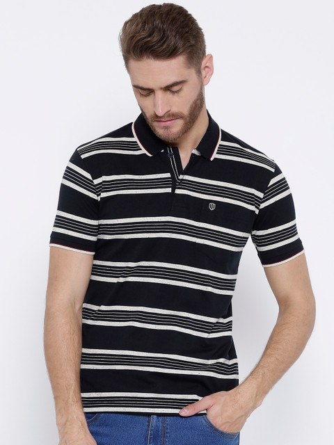 

Duke Men Navy Blue & White Striped Polo Collar T-shirt