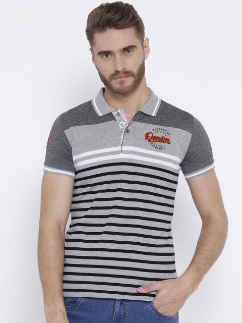

Duke Men Grey Melange & Black Striped Polo Collar T-shirt