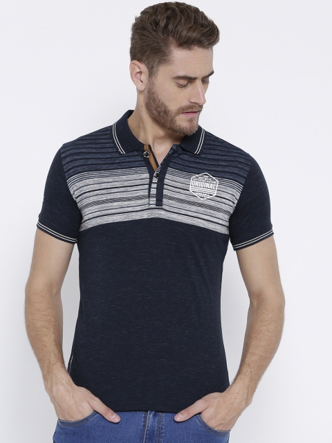

Duke Men Navy Blue Striped Polo Collar T-shirt