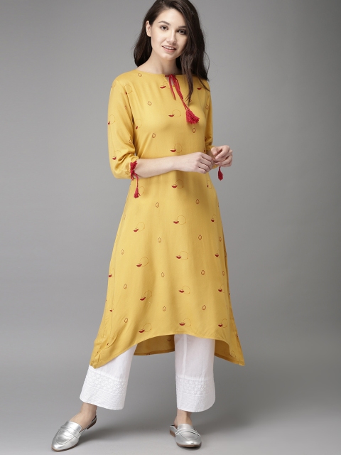 

HERE&NOW Women Mustard Woven Design Asymmetric A-Line Kurta