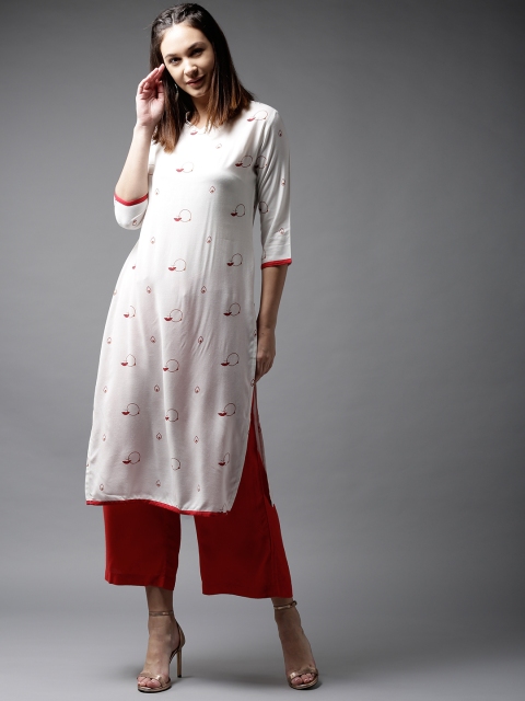 

HERE&NOW Women White & Red Printed Straight Kurta