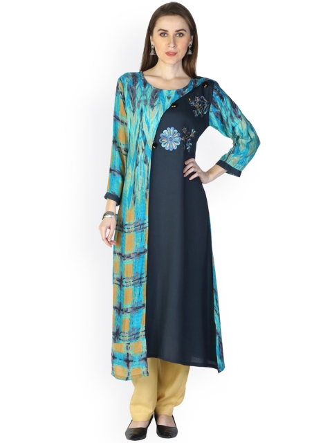 

shiloh Women Blue Embroidered Asymmetric A-Line Kurta