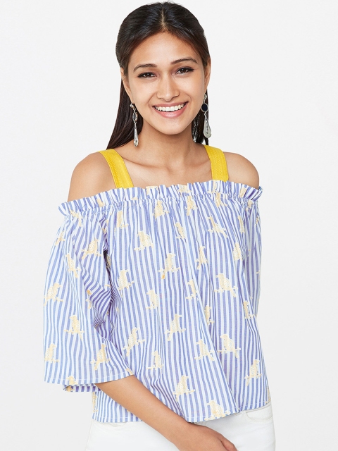 

Global Desi Women Blue & White Striped Bardot Top