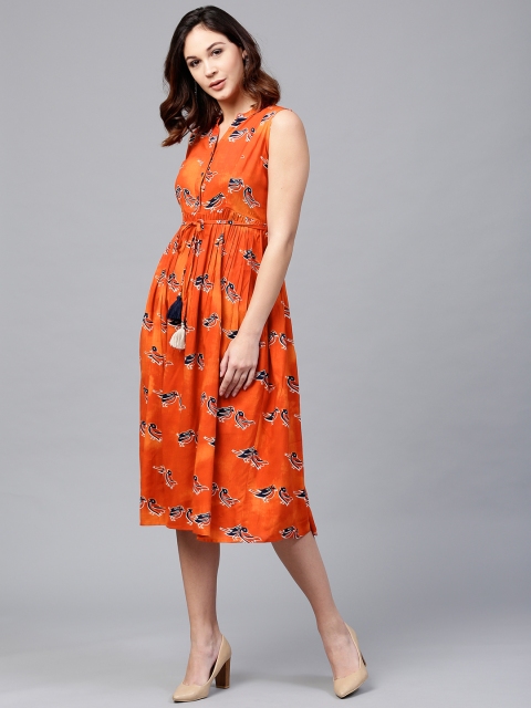 

Rain & Rainbow Women Orange & Black Printed Midi A-Line Dress