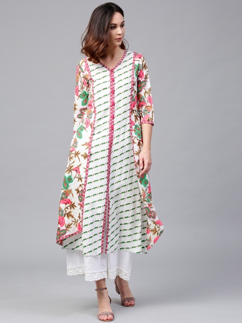 

Rain & Rainbow Women Off-White & Pink Floral Printed A-Line Kurta