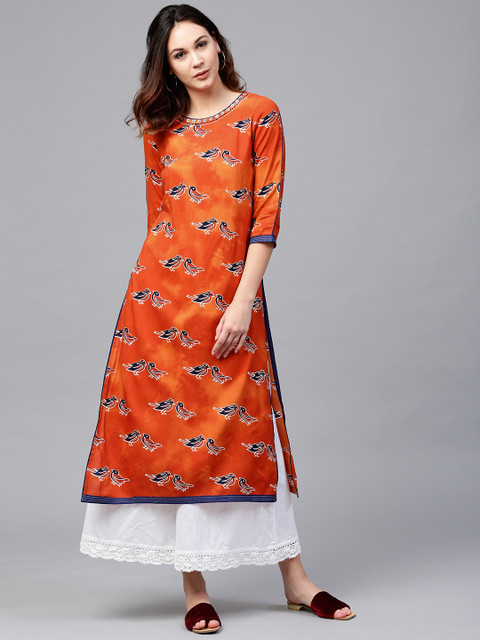 

Rain & Rainbow Women Orange & Navy Blue Printed Straight Kurta