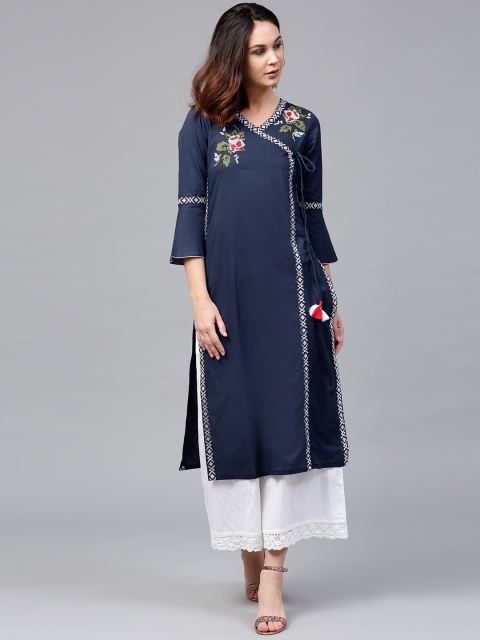 

Rain & Rainbow Women Navy Blue Yoke Design Angrakha Straight Kurta