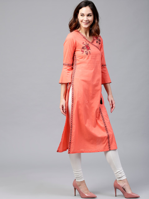 

Rain & Rainbow Women Coral Orange Yoke Design Angrakha Straight Kurta