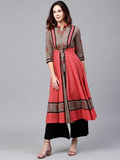 

Rain & Rainbow Women Red & Beige Printed Panelled A-Line Kurta