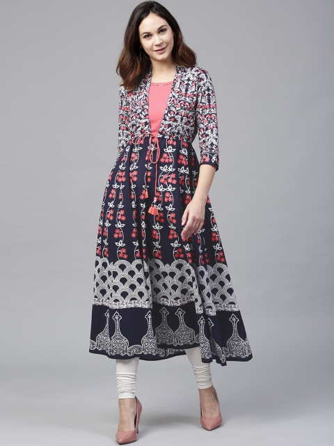 

Rain & Rainbow Women Navy Blue & Coral Pink Printed Anarkali Kurta