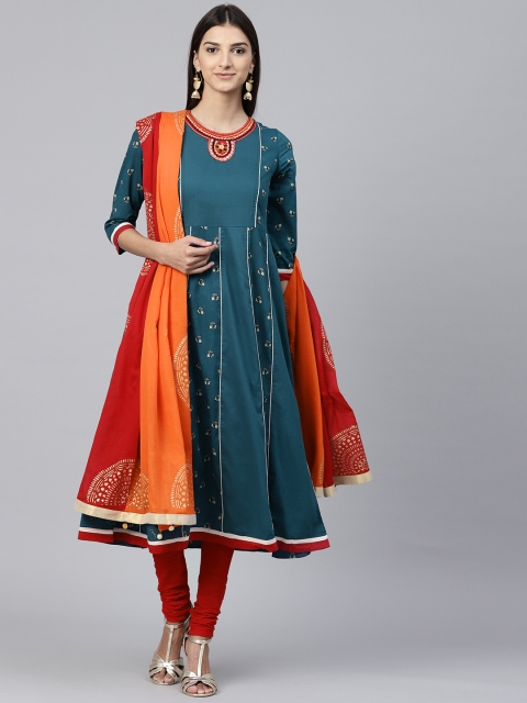 

Rain & Rainbow Women Teal Blue & Red Printed Kurta with Churidar & Dupatta
