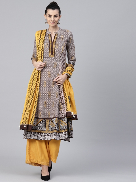 

Rain & Rainbow Women Brown & Mustard Yellow Printed Kurta with Palazzos & Dupatta