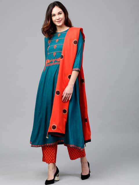 

Rain & Rainbow Women Green & Orange Yoke Design Kurta with Palazzos & Dupatta