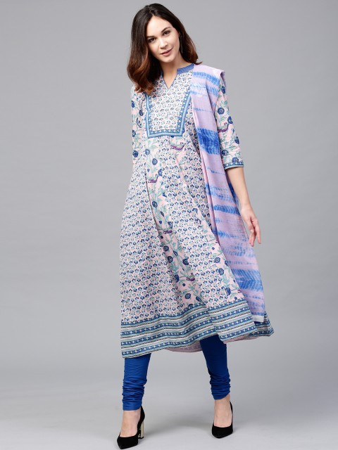 

Rain & Rainbow Women Pink & Blue Printed Kurta with Churidar & Dupatta