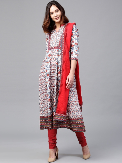 

Rain & Rainbow Women White & Red Printed Kurta with Churidar & Dupatta