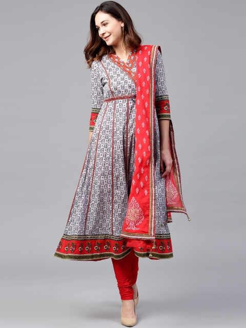 

Rain & Rainbow Women Grey & Red Printed Kurta with Churidar & Dupatta