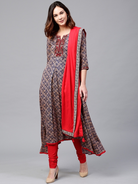 

Rain & Rainbow Women Navy & Red Printed Kurta with Churidar & Dupatta, Navy blue
