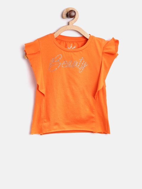 

VITAMINS Girls Orange Solid Pure Cotton Top with Embellished Detail