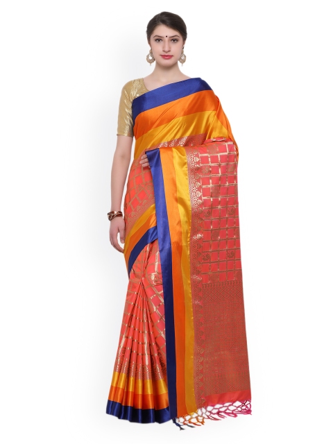 Varkala Silk Sarees Coral & Yellow Silk Blend Woven Design Kanjeevaram Saree