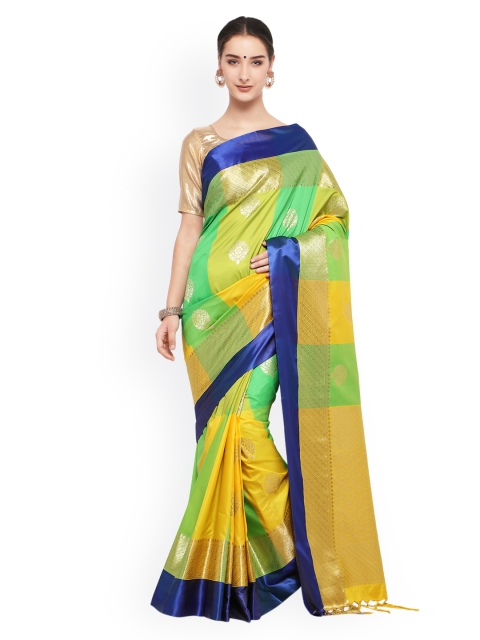 

Varkala Silk Sarees Green & Yellow Silk Blend Colourblocked Kanjeevaram Saree