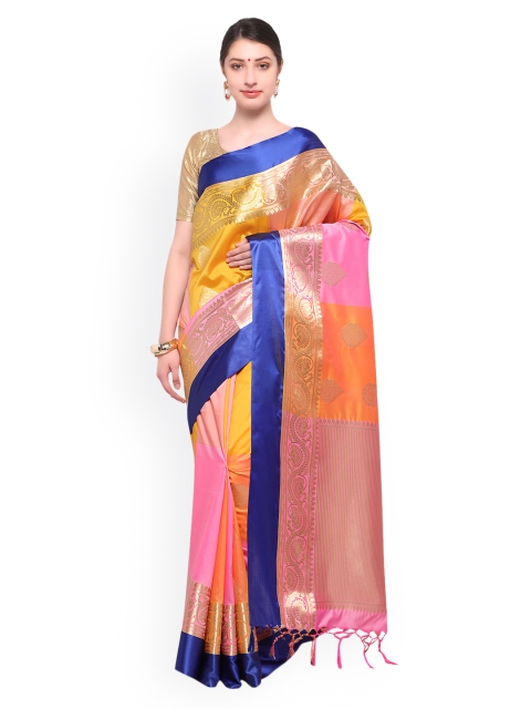 

Varkala Silk Sarees Pink & Yellow Silk Blend Colourblocked Kanjeevaram Saree