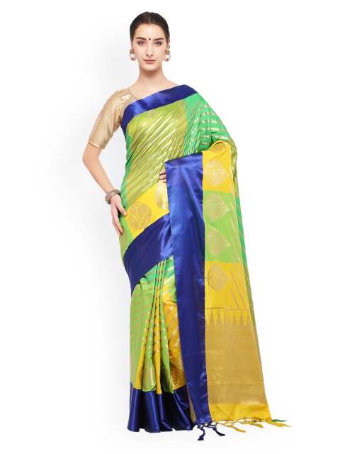 

Varkala Silk Sarees Green & Yellow Silk Blend Colourblocked Kanjeevaram Saree