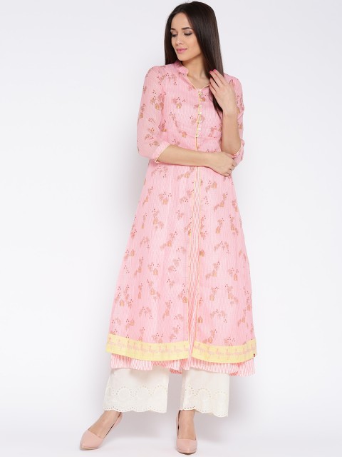 

Biba Women Pink & White Layered Striped A-Line Kurta