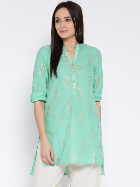 

Biba Women Sea Green & Golden Printed Straight Kurta
