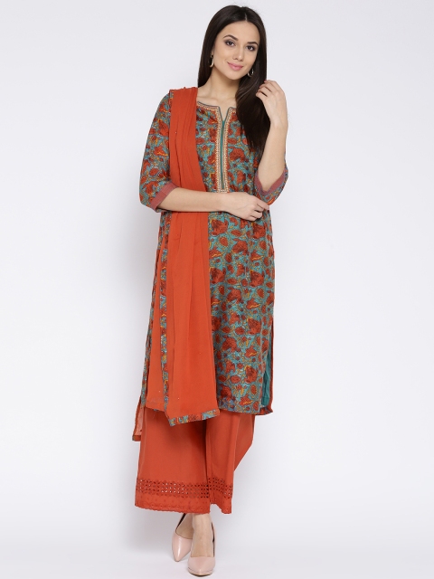 

Biba Women Teal & Orange Printed Kurta with Palazzos & Dupatta