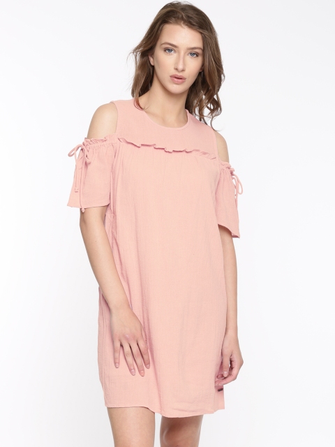 

Vero Moda Women Pink Solid Cold-Shoulder A-Line Dress