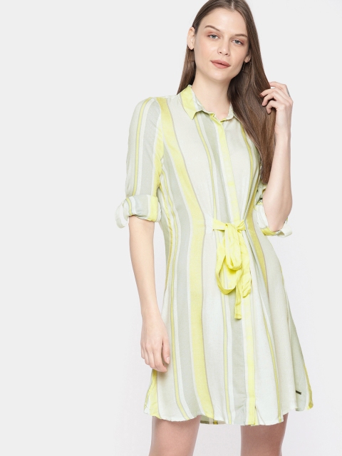 

Vero Moda Women White & Fluorecent Green Striped Shirt Dress With Waist Tie-Up