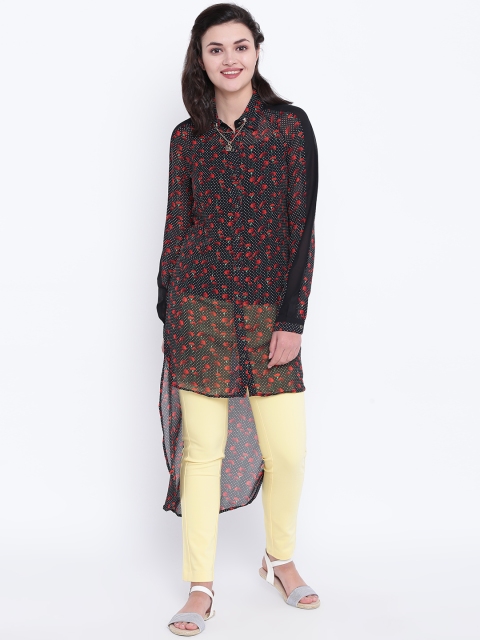 

Madame Women Black & Red Regular Fit Floral Print High-Low Casual Shirt