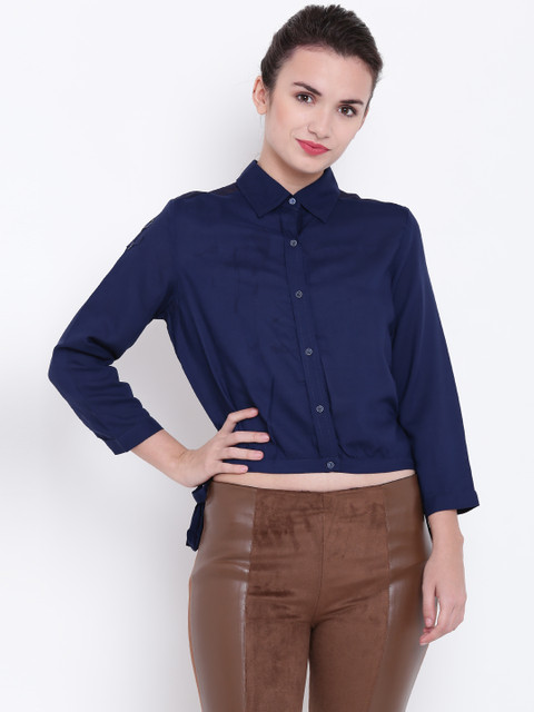 

Madame Women Navy Regular Fit Solid Crop Casual Shirt, Navy blue