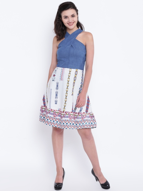 

Madame Women Blue & White Printed Fit & Flare Dress