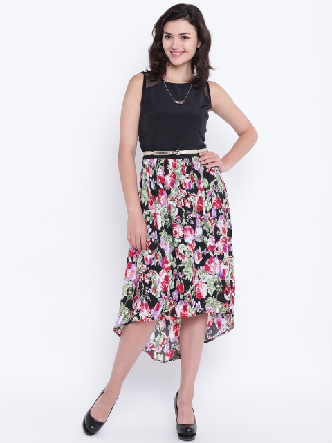 

Madame Women Black Printed Fit and Flare Dress with Belt