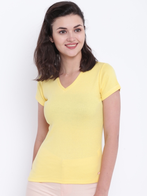 

Madame Women Yellow Solid V-Neck T-shirt